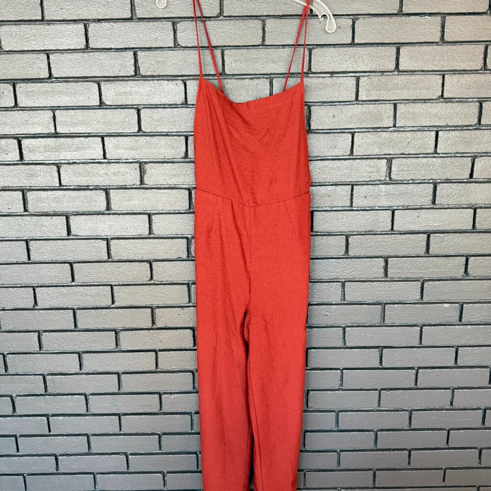 Rust Wide Leg Tie Back Ankle Length Jumpsuit Size Large Linen Feel